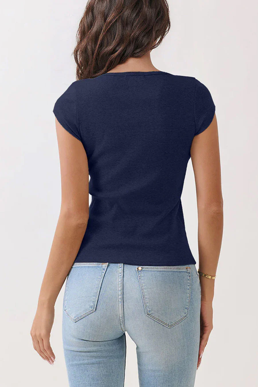 2000s Basic Short Sleeve Scalloped Edge Ribbed Henley Top - Image 9