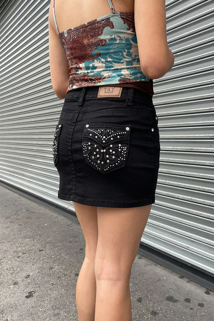 2000s Bedazzled Rhinestone Black Denim Mini Skirt - Image 5