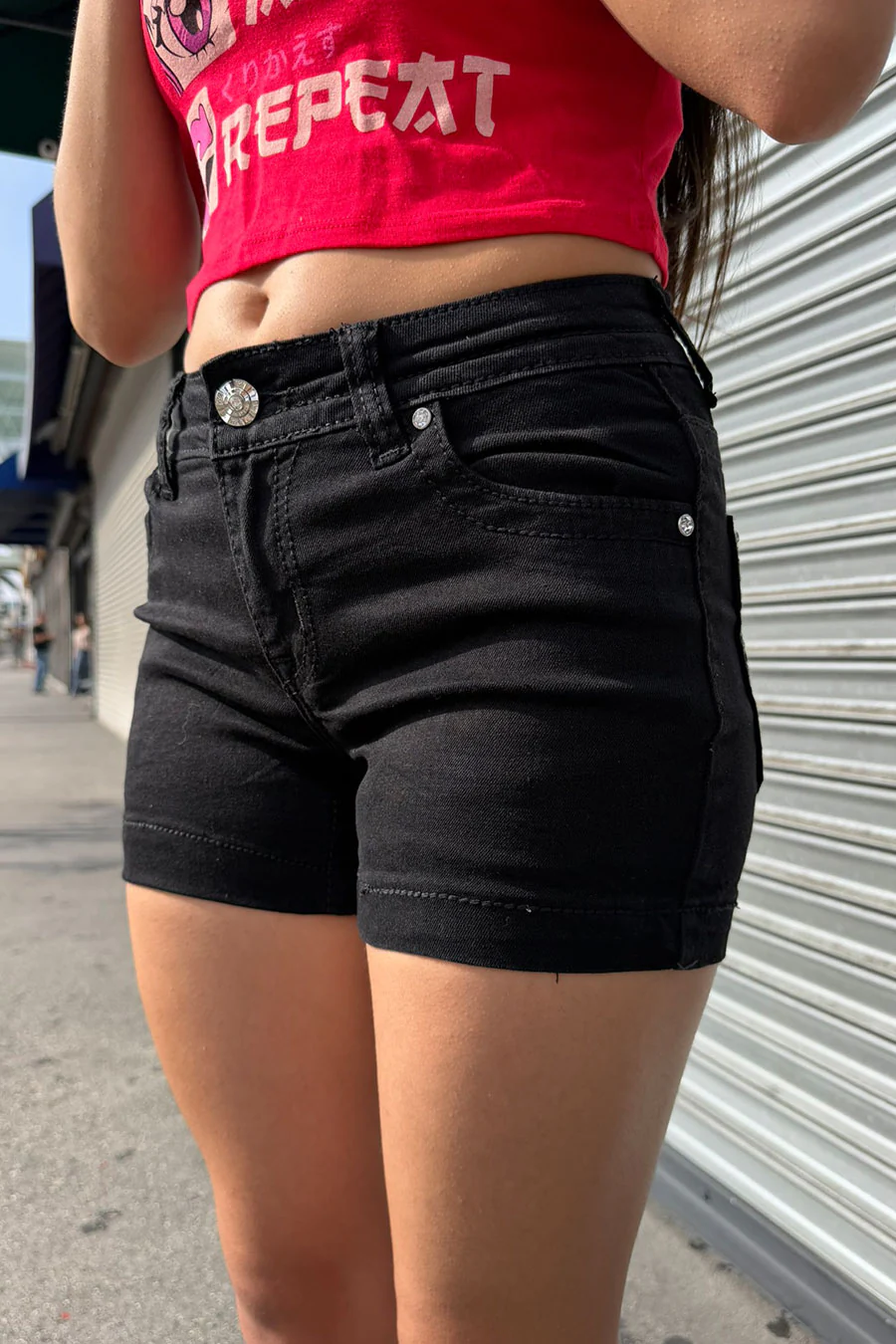 2000s Bedazzled Rhinestone Faux Pocket Gothic Cross  Black Denim Shorts - Image 2