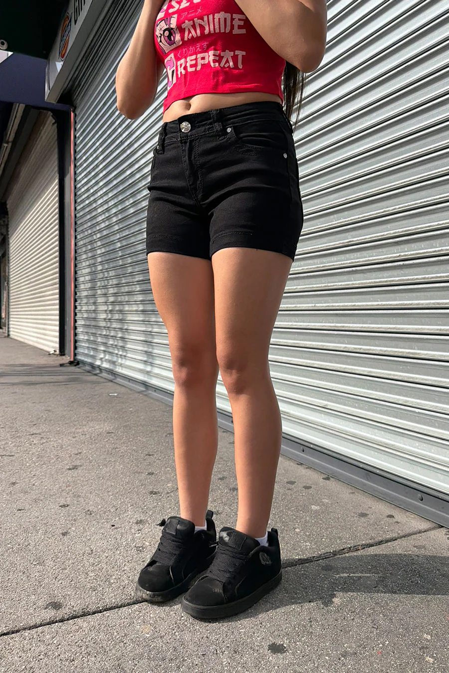 2000s Bedazzled Rhinestone Faux Pocket Gothic Cross  Black Denim Shorts - Image 3