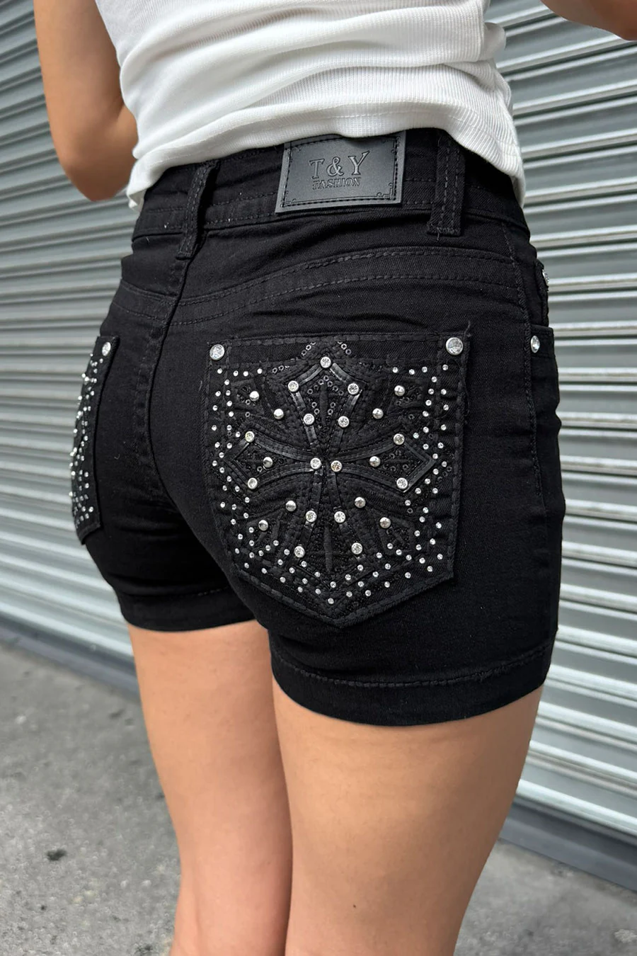 2000s Bedazzled Rhinestone Gothic Cross Black Denim Shorts