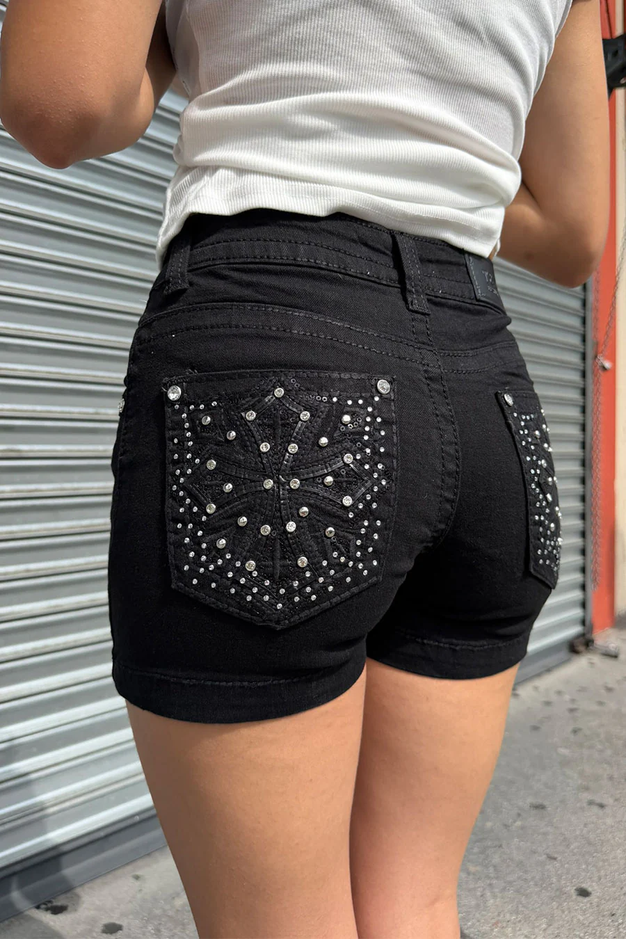2000s Bedazzled Rhinestone Gothic Cross Black Denim Shorts - Image 3
