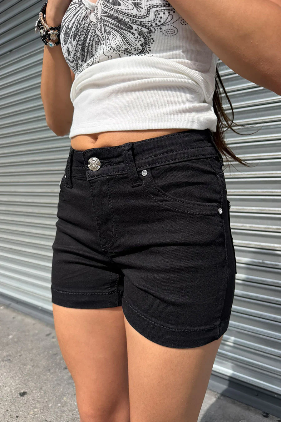 2000s Bedazzled Rhinestone Gothic Cross Black Denim Shorts - Image 4