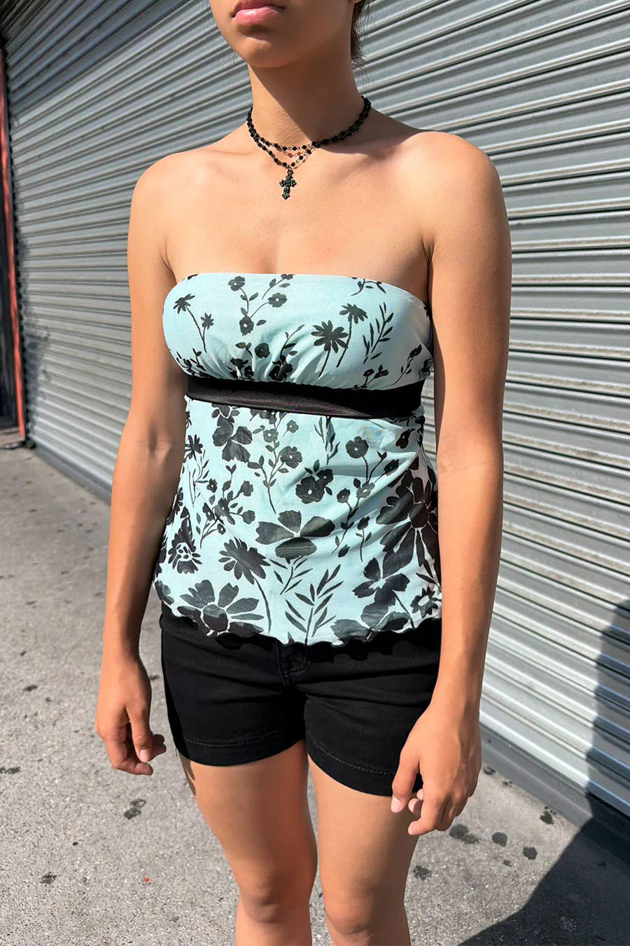 2000s Flower Printed Mesh Tube Top with Contrast Back Tie - Image 3