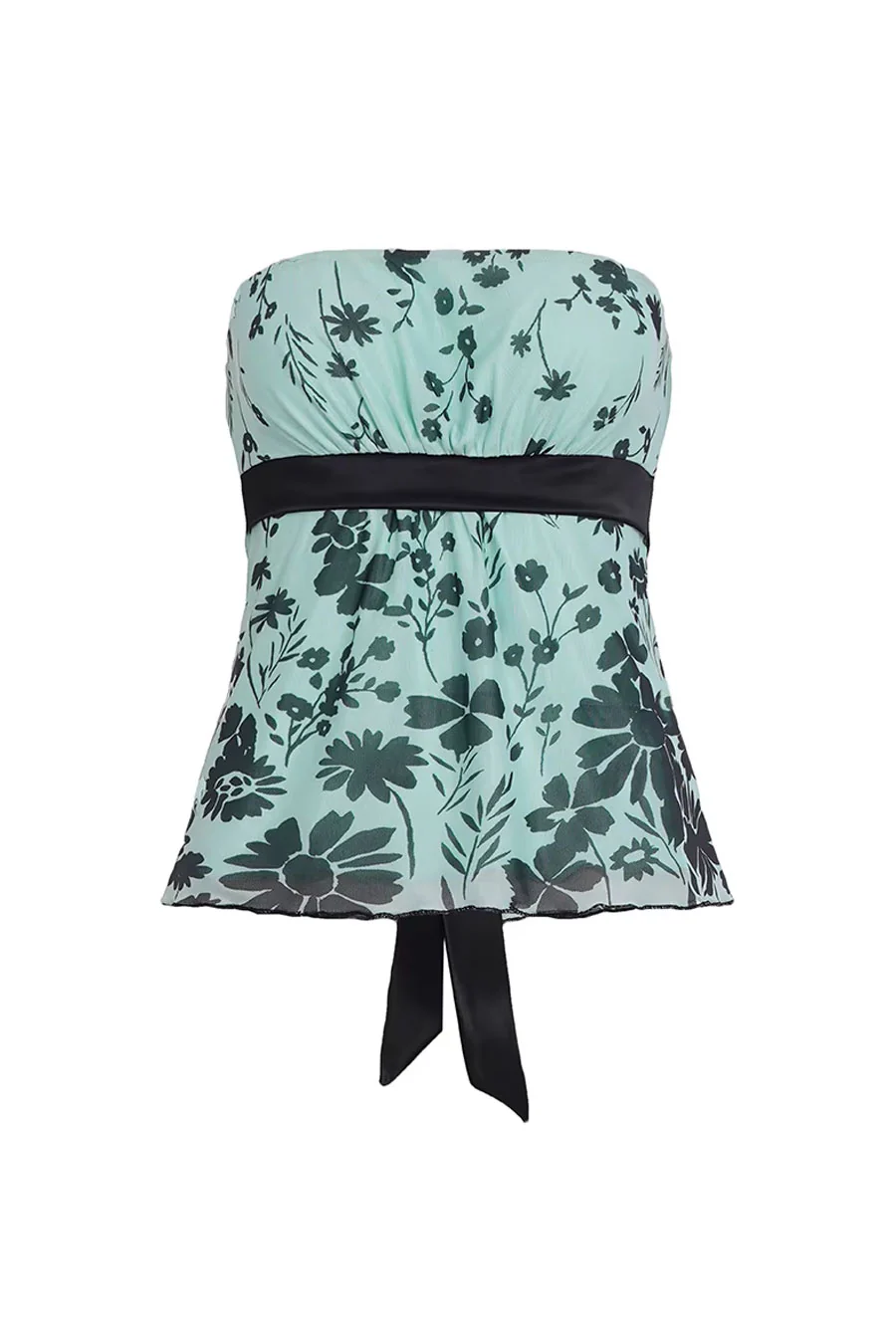 2000s Flower Printed Mesh Tube Top with Contrast Back Tie - Image 4