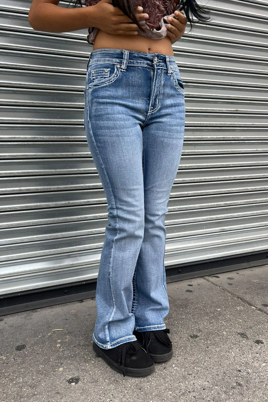 2000s Style Sand-Washed Cross Patch Rhinestone Bling Back Pocket Bootcut Jean with Good Stretch - Image 3