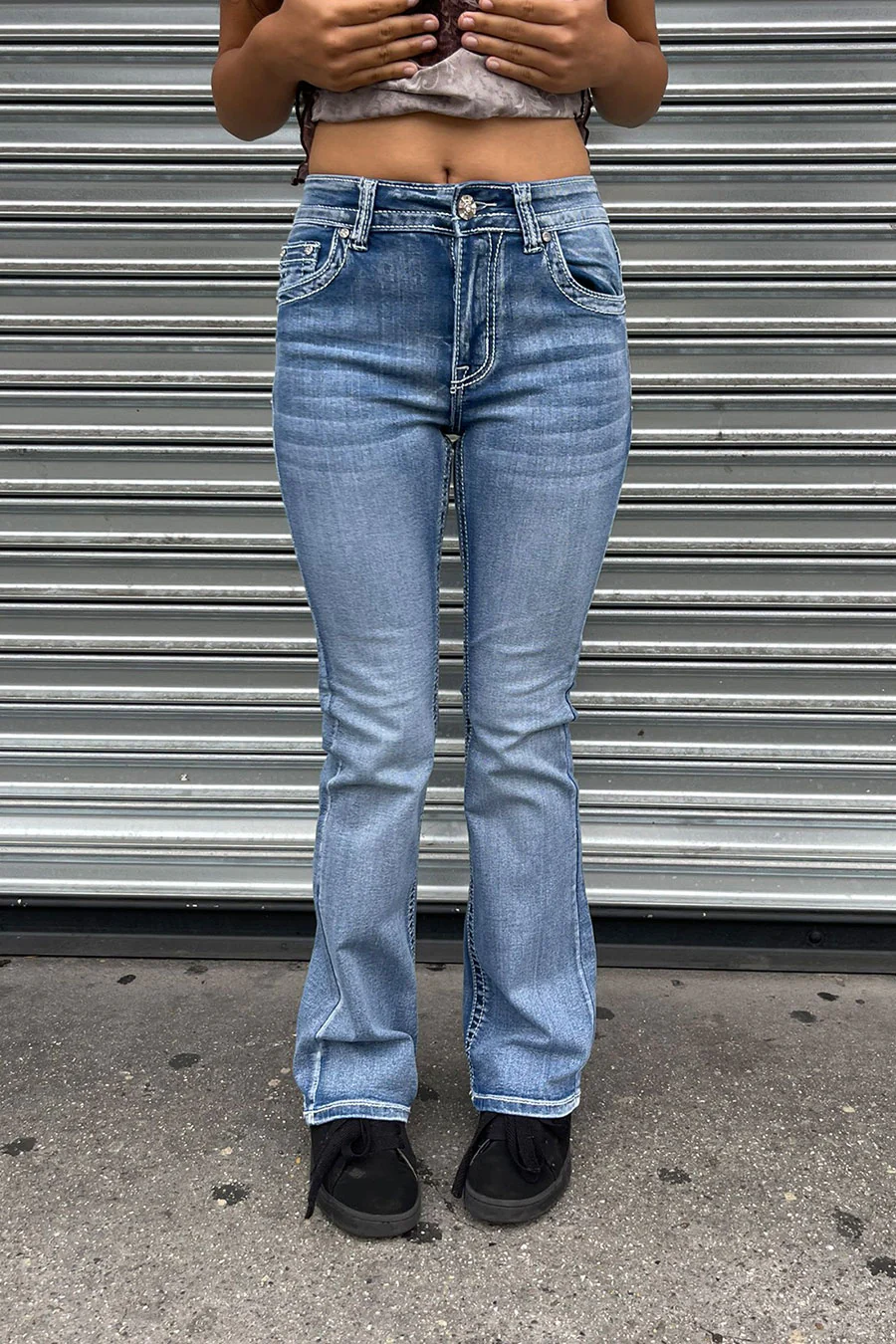 2000s Style Sand-Washed Cross Patch Rhinestone Bling Back Pocket Bootcut Jean with Good Stretch - Image 4
