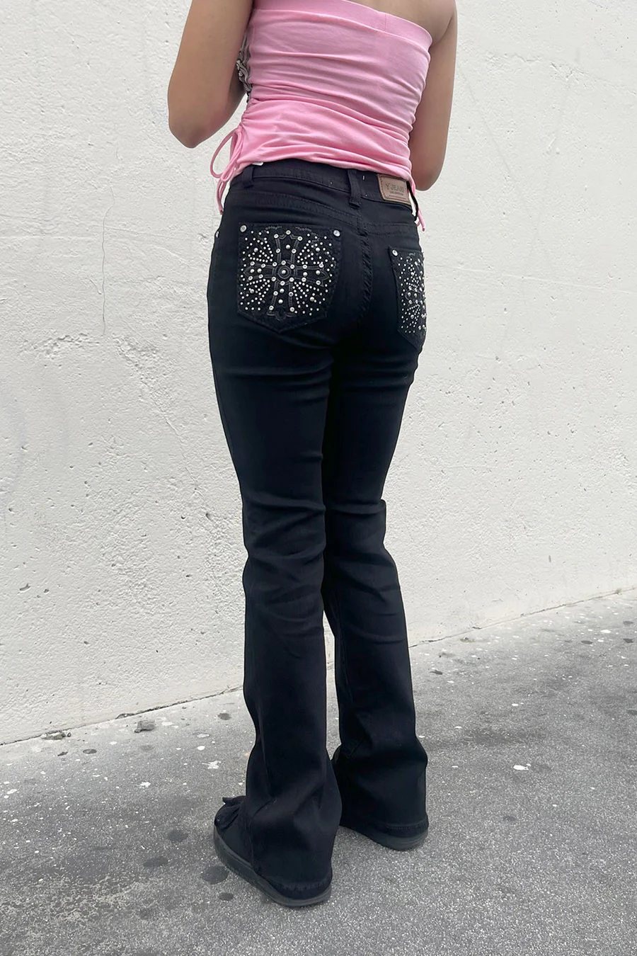 2000s Style Cross Rhinestone Bling Back Pocket Bootcut Black Jean with Good Stretch - Image 3