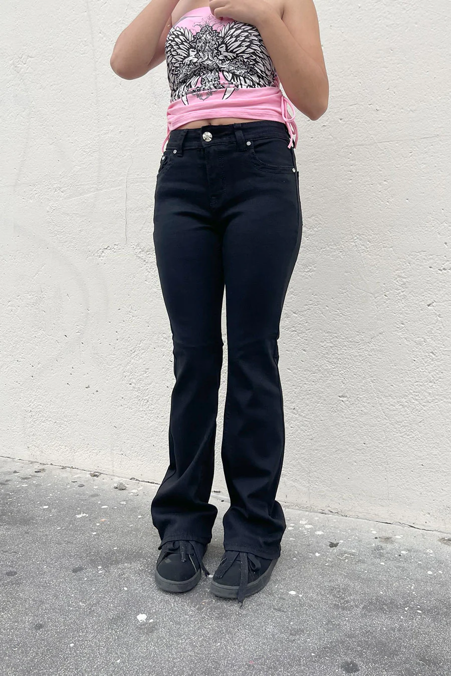 2000s Style Cross Rhinestone Bling Back Pocket Bootcut Black Jean with Good Stretch - Image 5