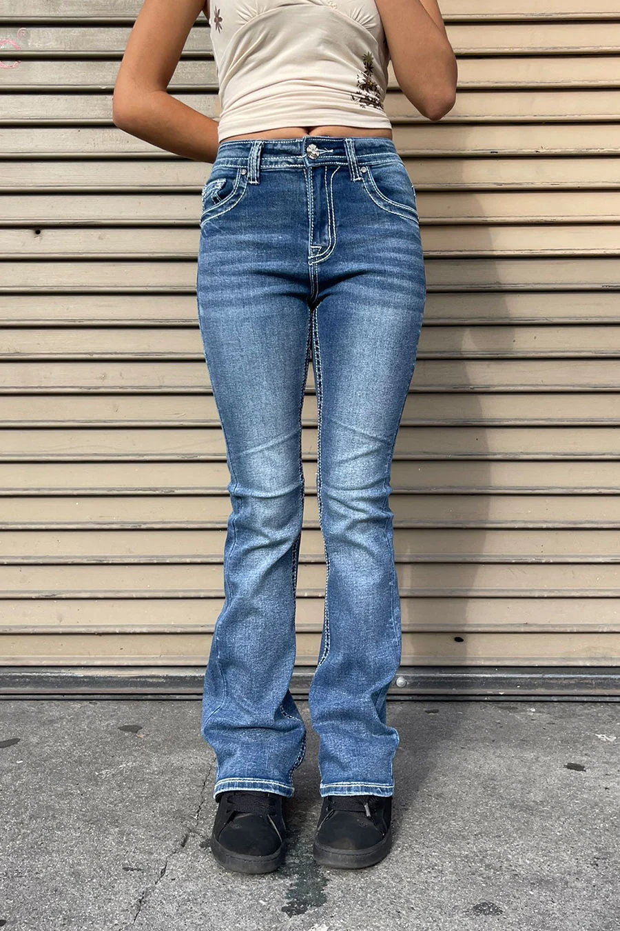 2000s Style Crown Shape Rhinestone Bling Back Pocket Bootcut Jean with Good Stretch - Image 3