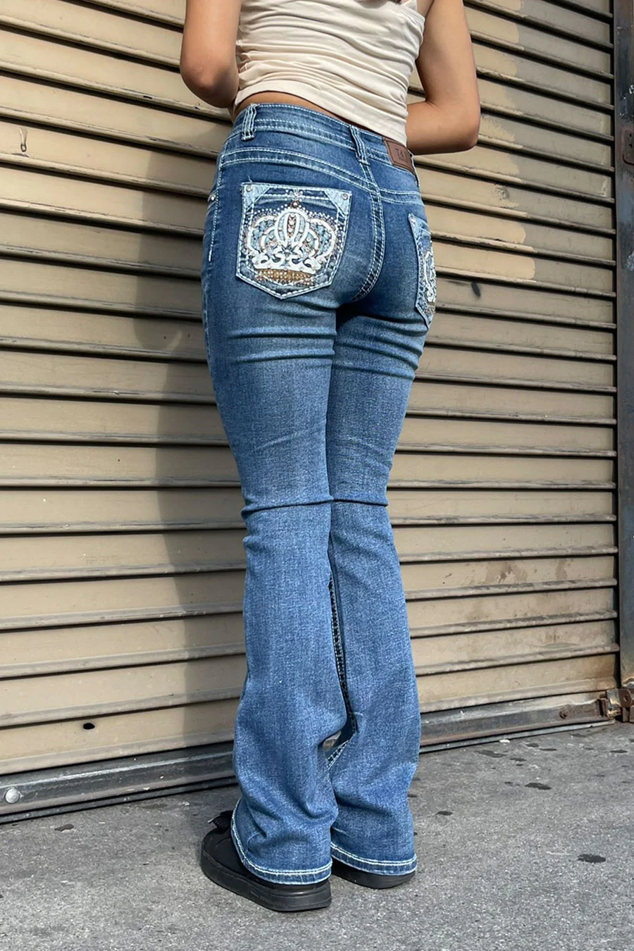 2000s Style Crown Shape Rhinestone Bling Back Pocket Bootcut Jean with Good Stretch - Image 4