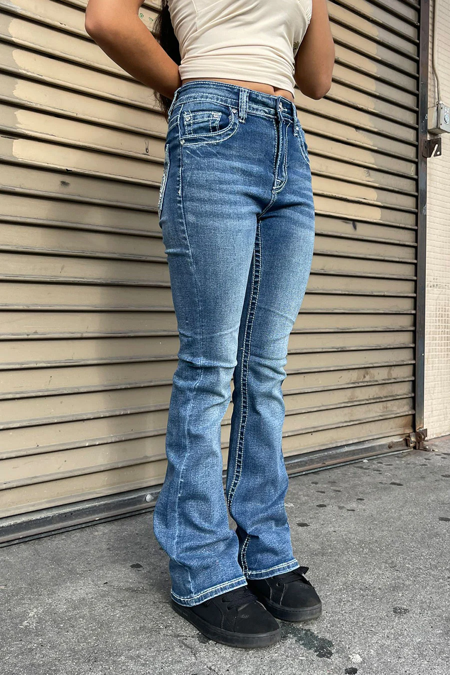 2000s Style Crown Shape Rhinestone Bling Back Pocket Bootcut Jean with Good Stretch - Image 5
