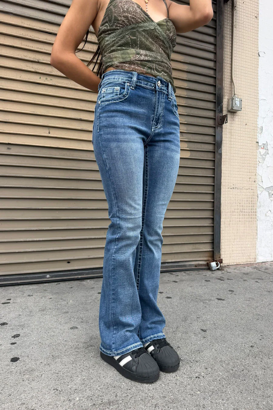 2000s Style Western Cross Rhinestone & Studded Bling Back Pocket Bootcut Jean with Good Stretch - Image 4