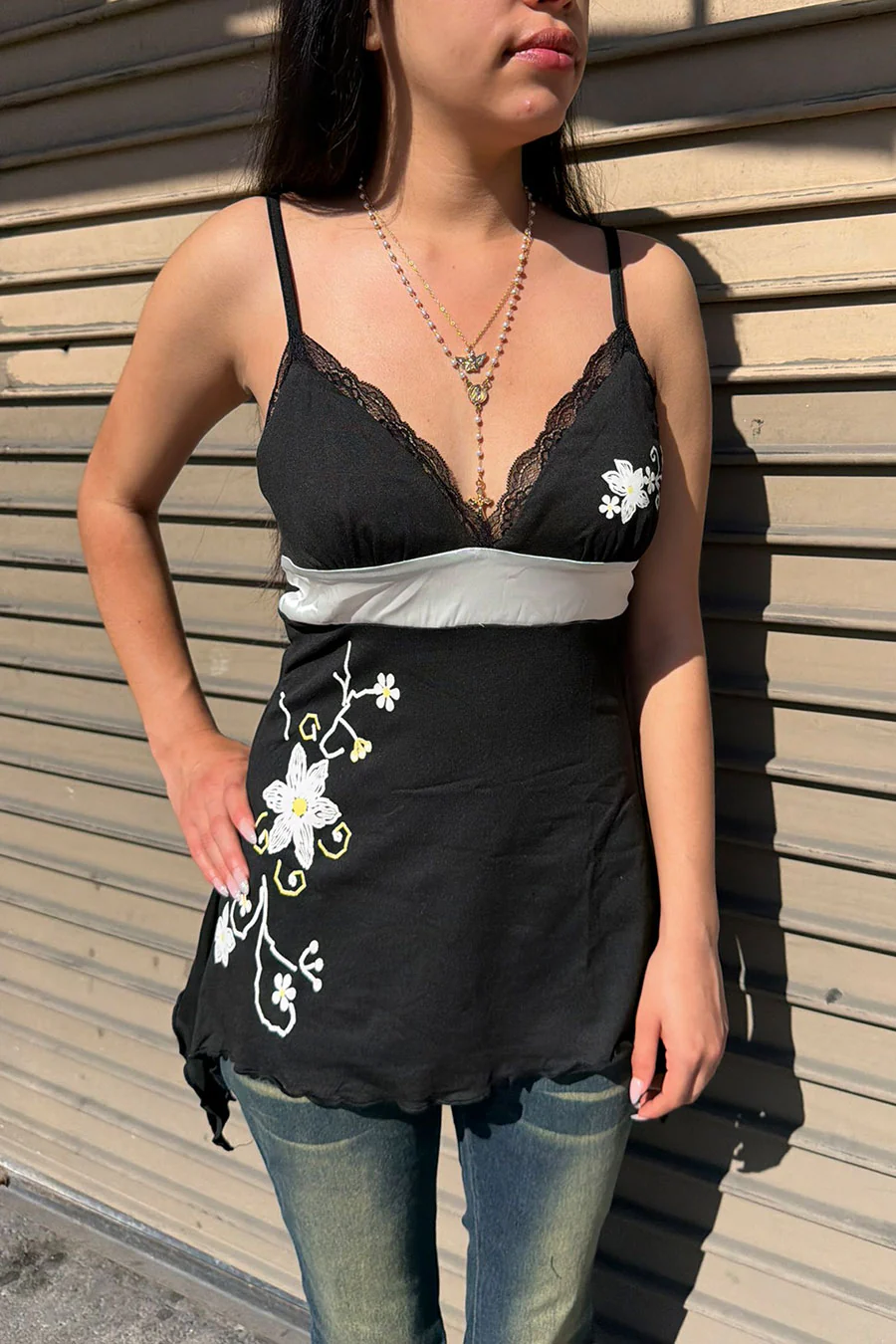 2000s Vintage Floral Print Lace-Trimmed V-Neck Longline Irregular Hem Cami Top