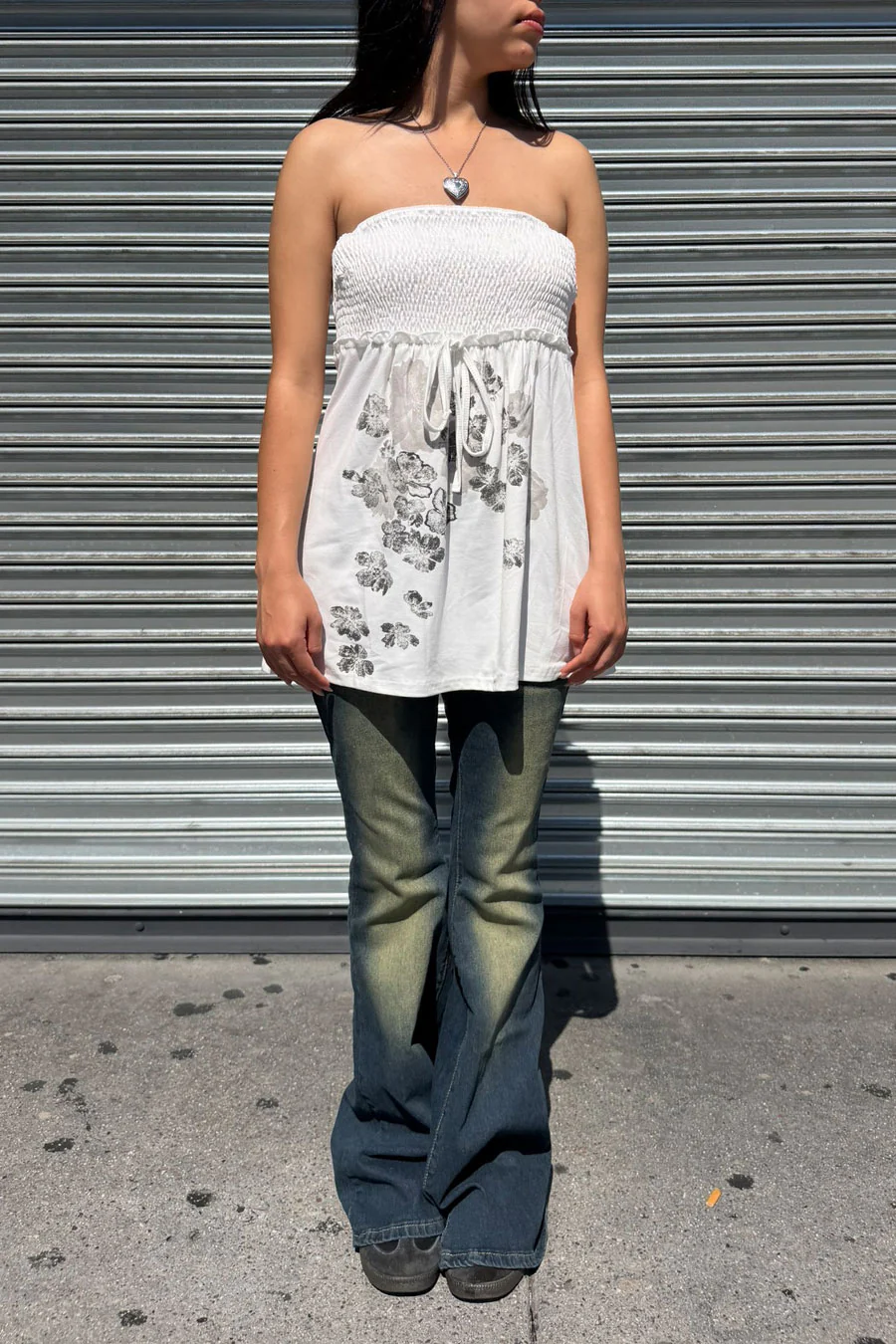 2000s Vintage Floral Print Smocked Tube Longline Top