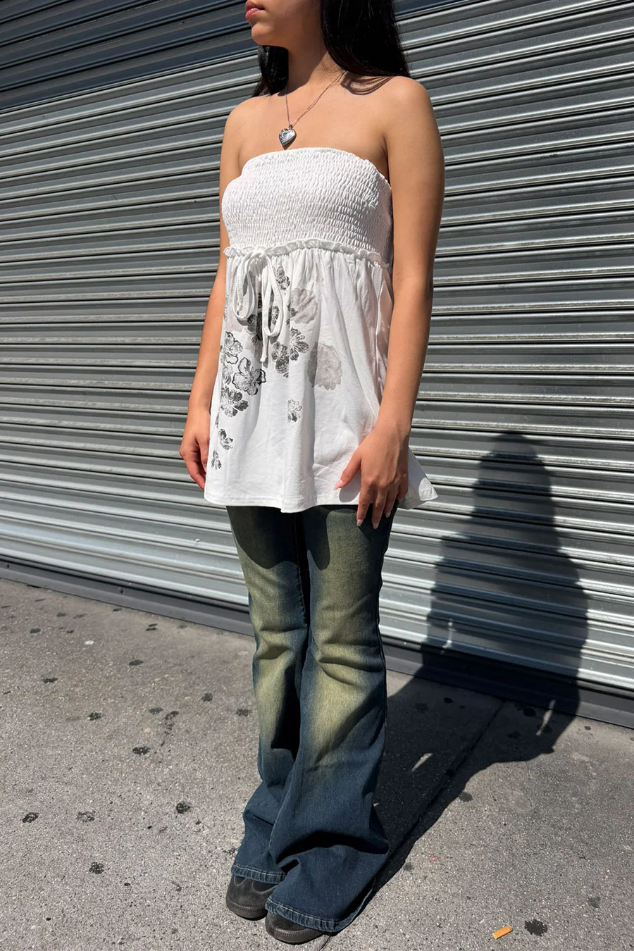 2000s Vintage Floral Print Smocked Tube Longline Top - Image 4