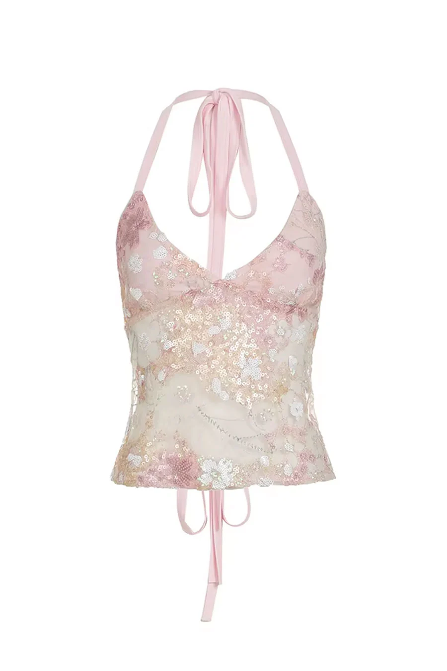 2000s Vintage Floral Sequin Halter Neck Open Back Tie Tank Top - Image 6