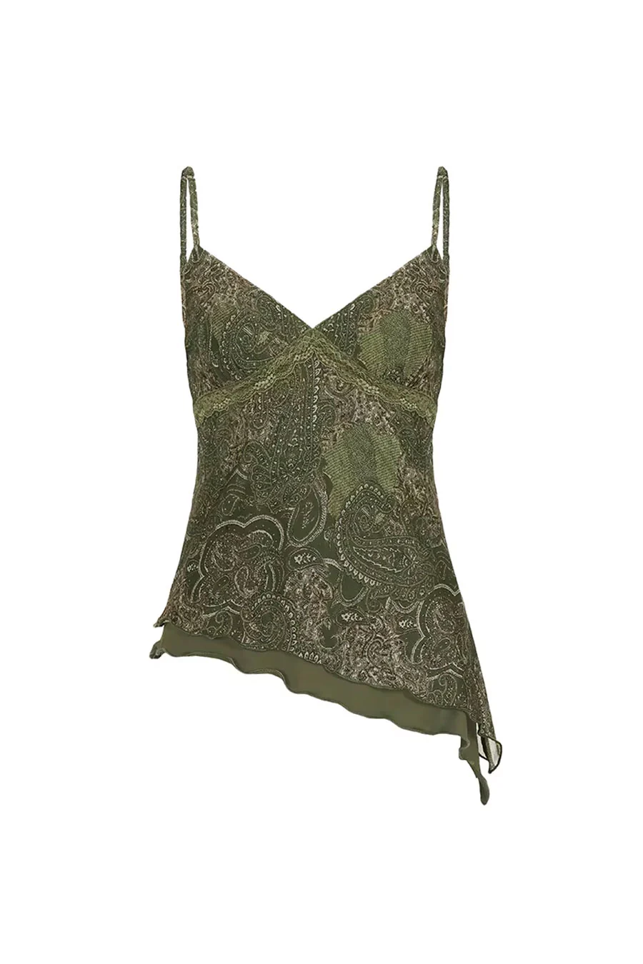 2000s Vintage Paisley Mesh Print V-Neck Asymmetrical Longline Hem Cami Top - Image 7