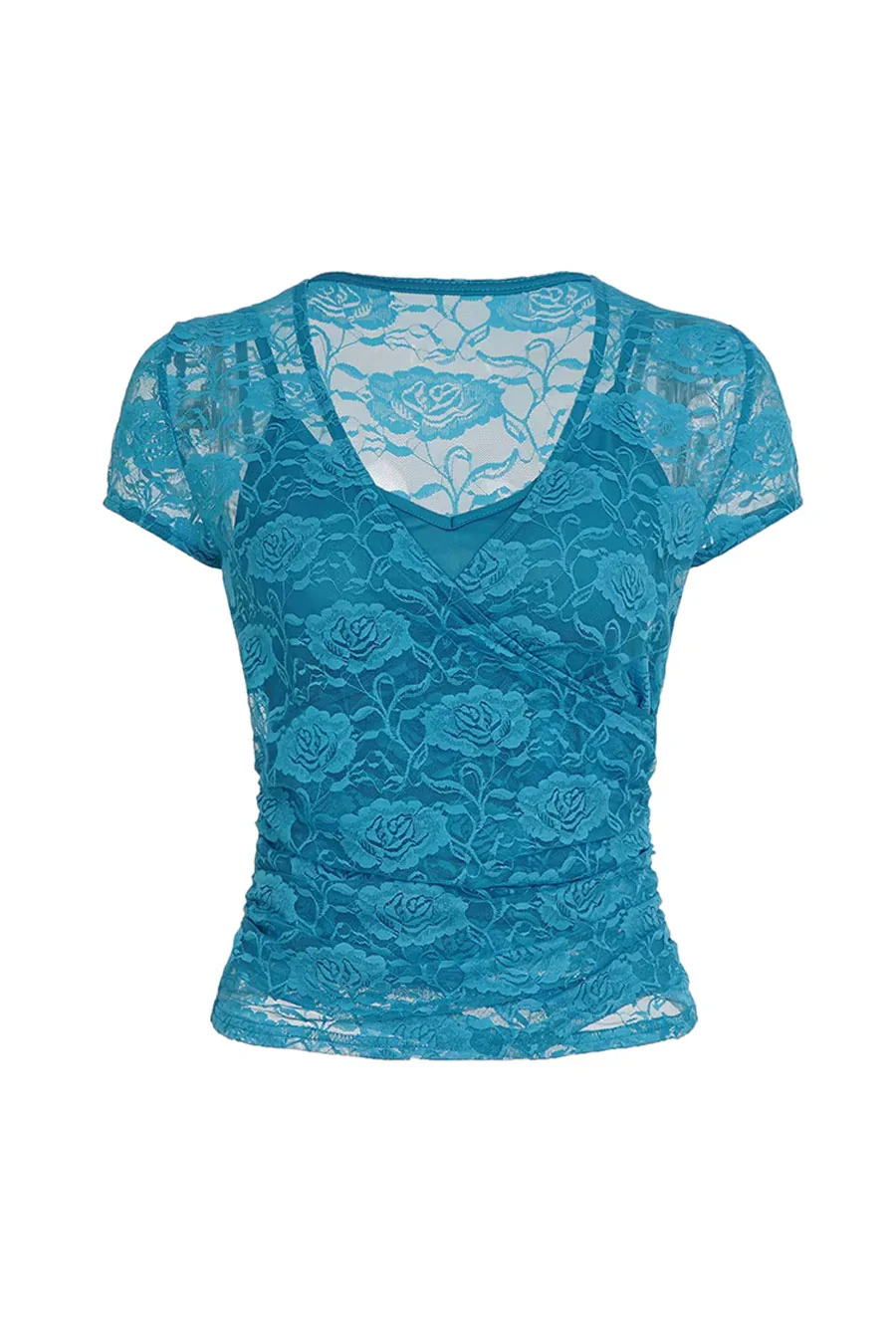 2000s Vintage Style V-Neck Surplice Signature Rose Pattern Lace Short Sleeve Top with Inner Tank Top - Image 6