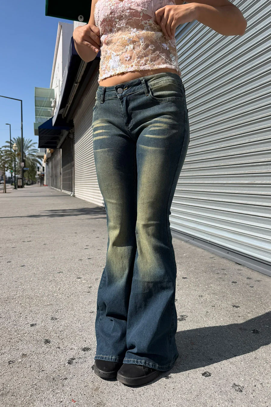 2000s Y2K Whiskered Vintage Wash Low-Rise Single Button Flare Bootcut Jean with Good Stretch - Image 3