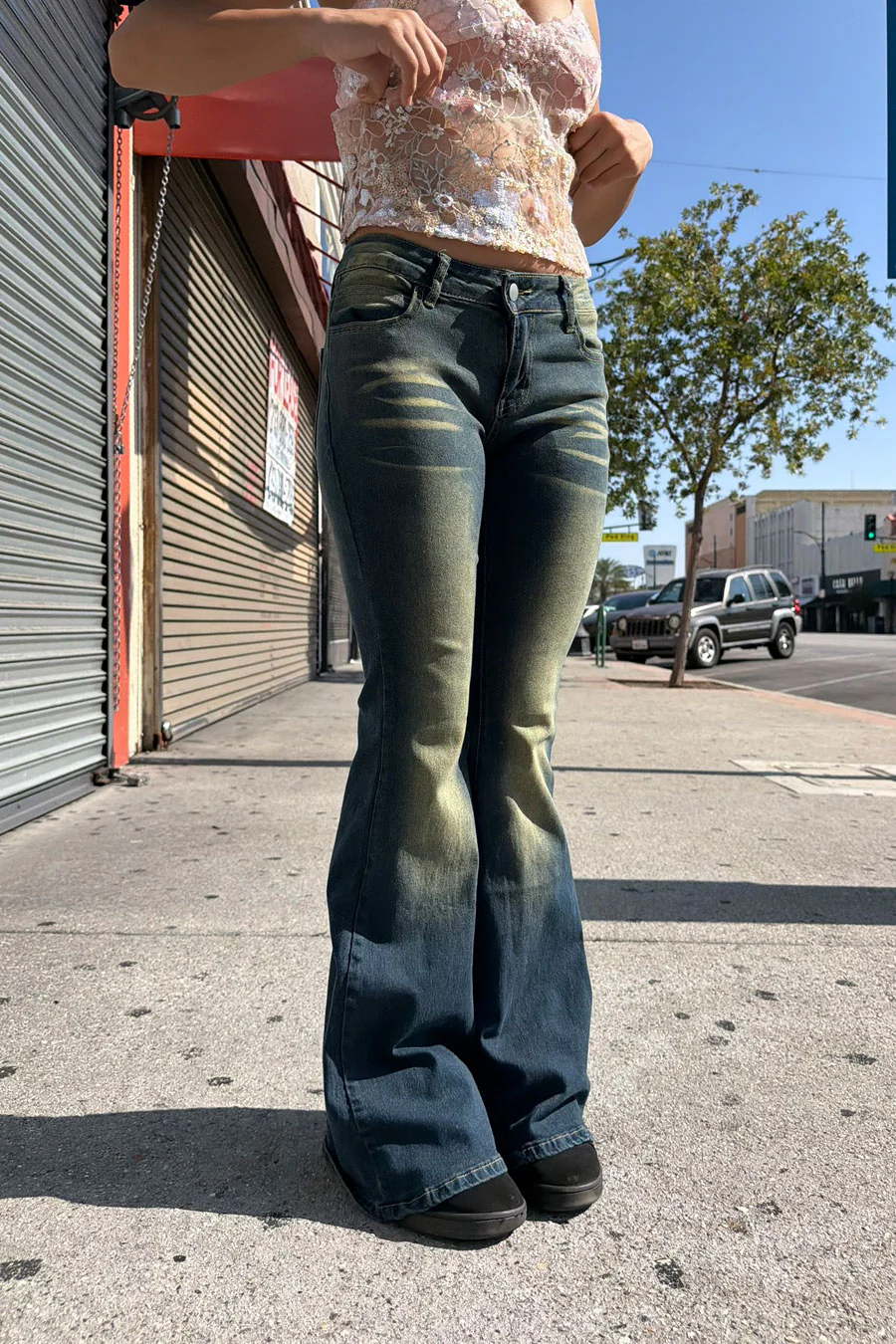 2000s Y2K Whiskered Vintage Wash Low-Rise Single Button Flare Bootcut Jean with Good Stretch - Image 4