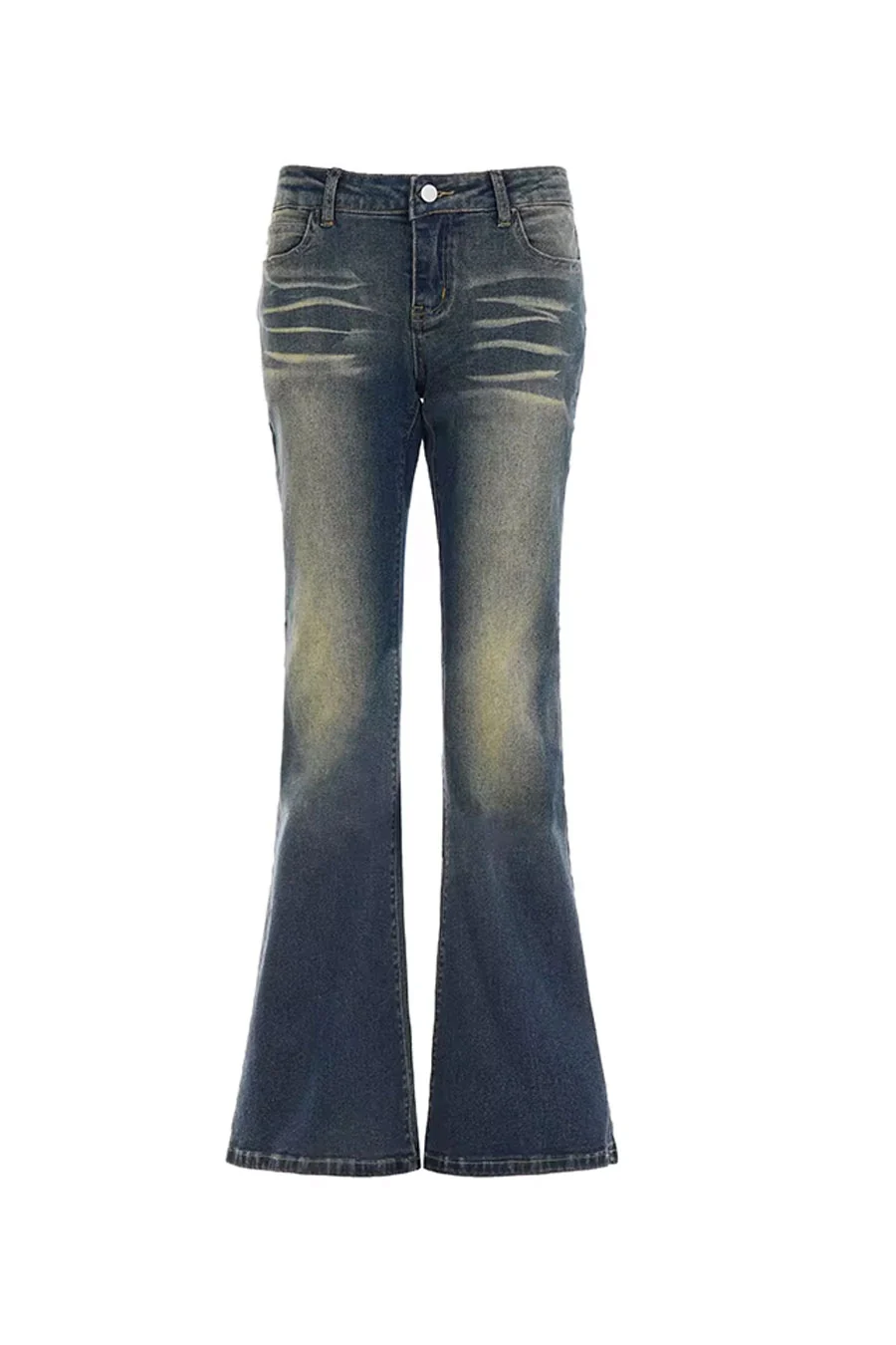 2000s Y2K Whiskered Vintage Wash Low-Rise Single Button Flare Bootcut Jean with Good Stretch - Image 6