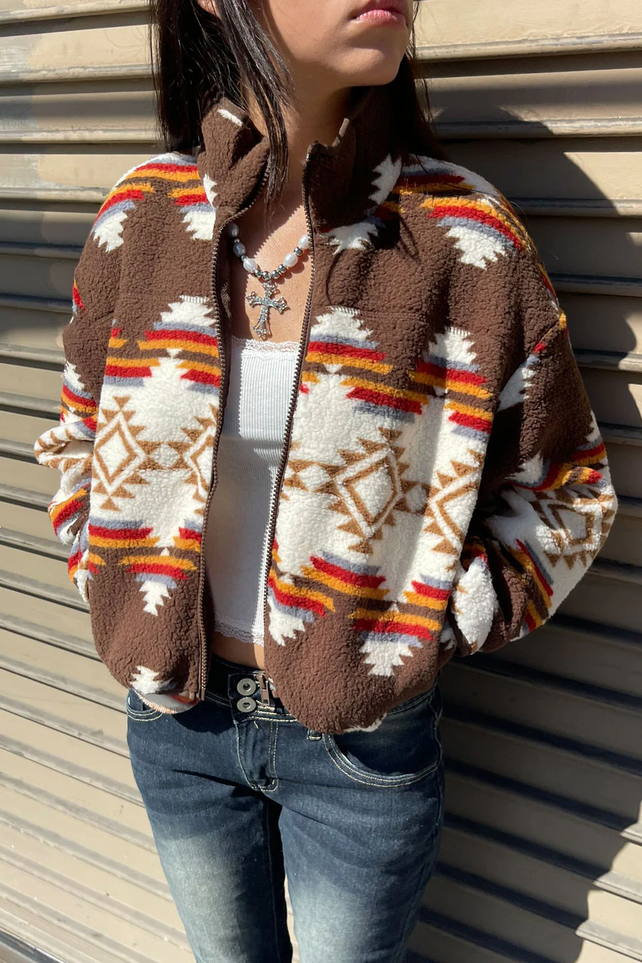 Aztec Printed Sherpa Full Zip Jacket - Image 3
