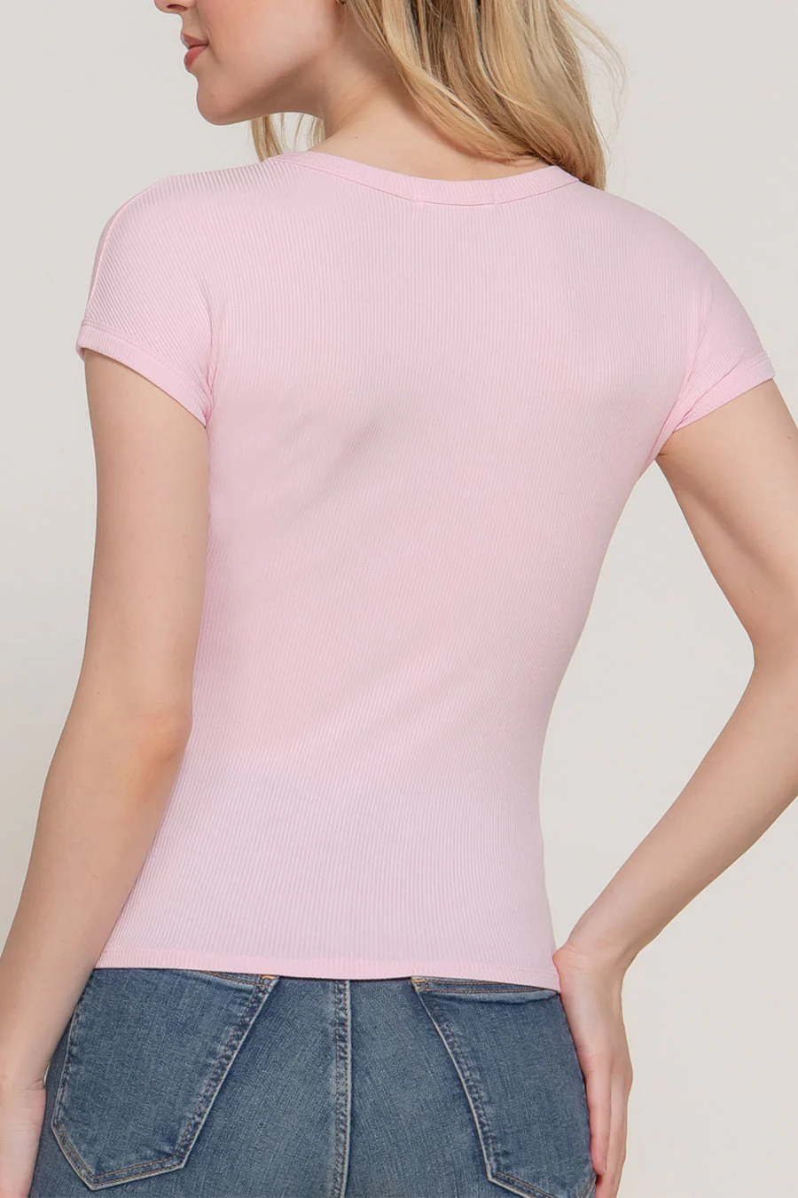 Basic Short Sleeve Crew Neck Fitted Rib Knit Top - Image 12