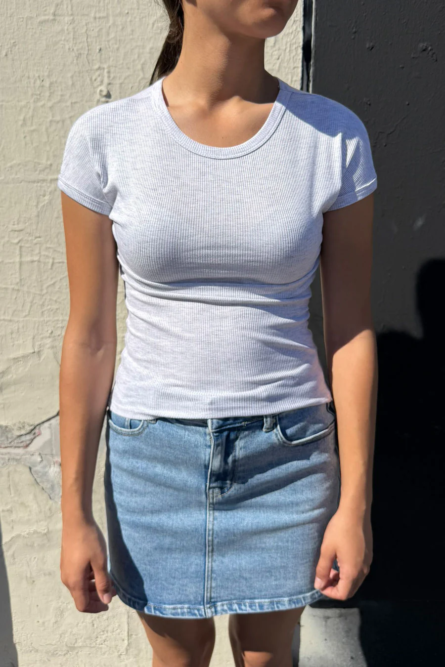Basic Short Sleeve Crew Neck Fitted Rib Knit Top - Image 5
