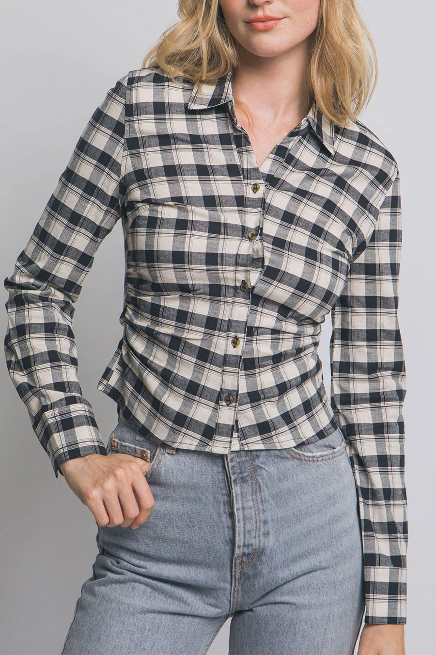 Downtown Girl Fitted Button-Up Plaid Shirt - Image 7