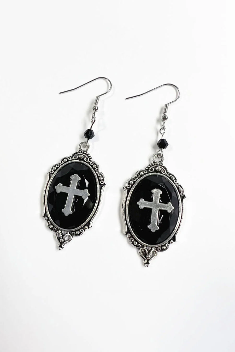 Gothic Cross Charm Faux Onyx Drop Earrings