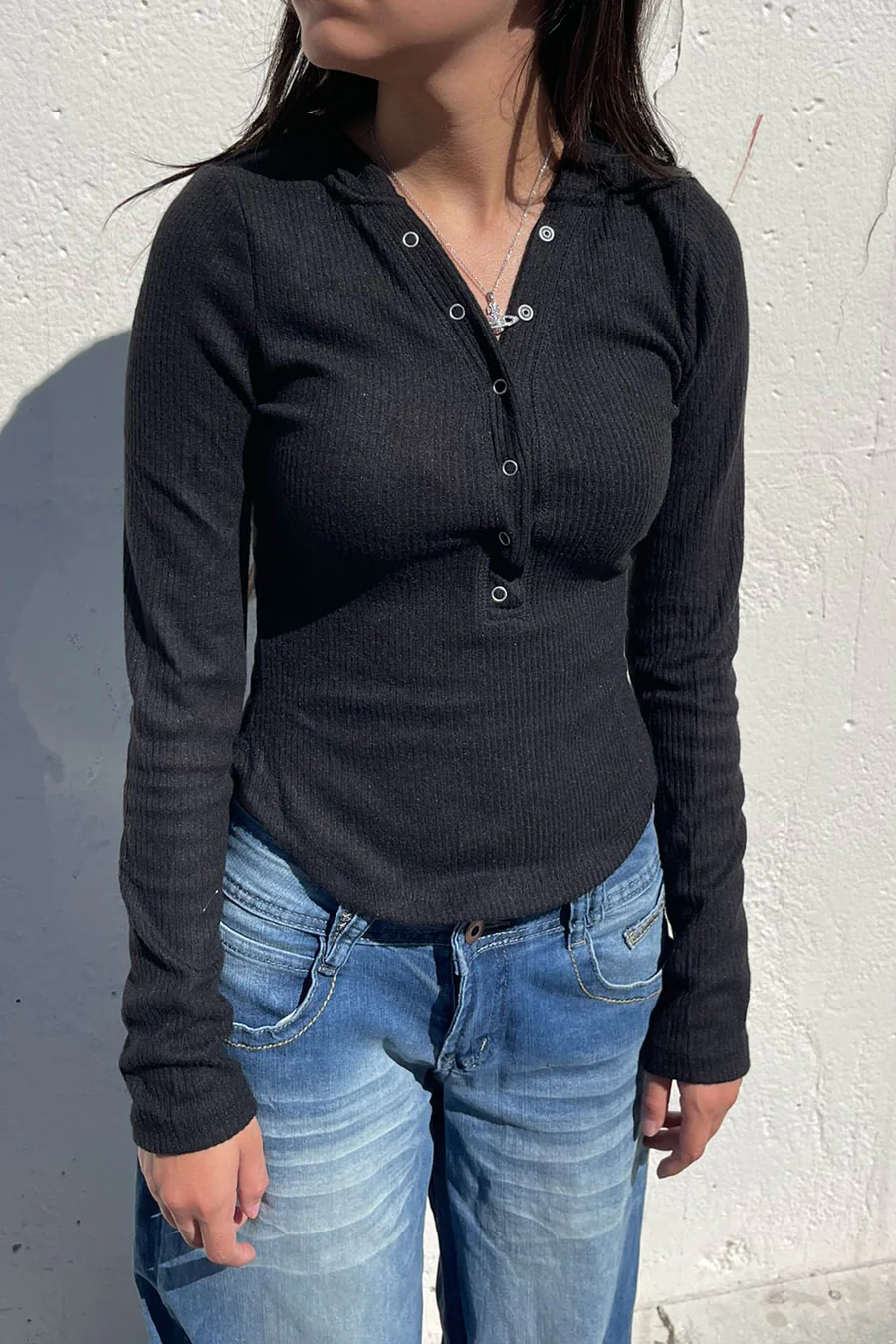 Henley Snap Button Hoodie Brushed Hacci Rib Long Sleeve Top