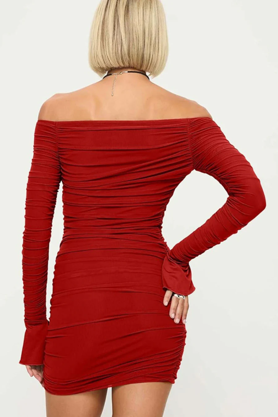 ENBE™ Mesh Double-Layer Off-The-Shoulder Long Sleeve Mini Bodycon Magic Stretch Dress - Image 4