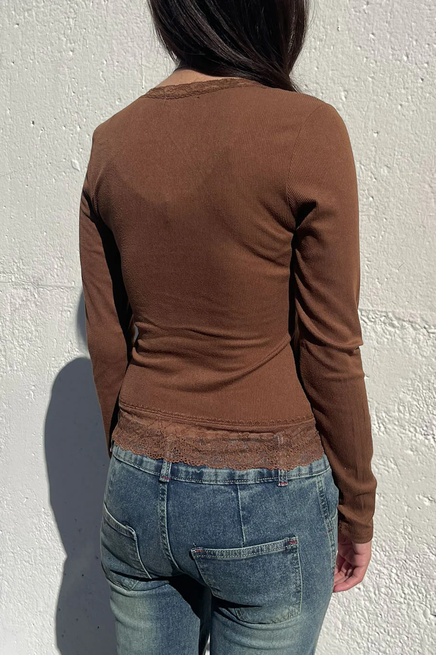Lace Henley Neck Button Front Rib Knit Top with Lace Hem - Image 3