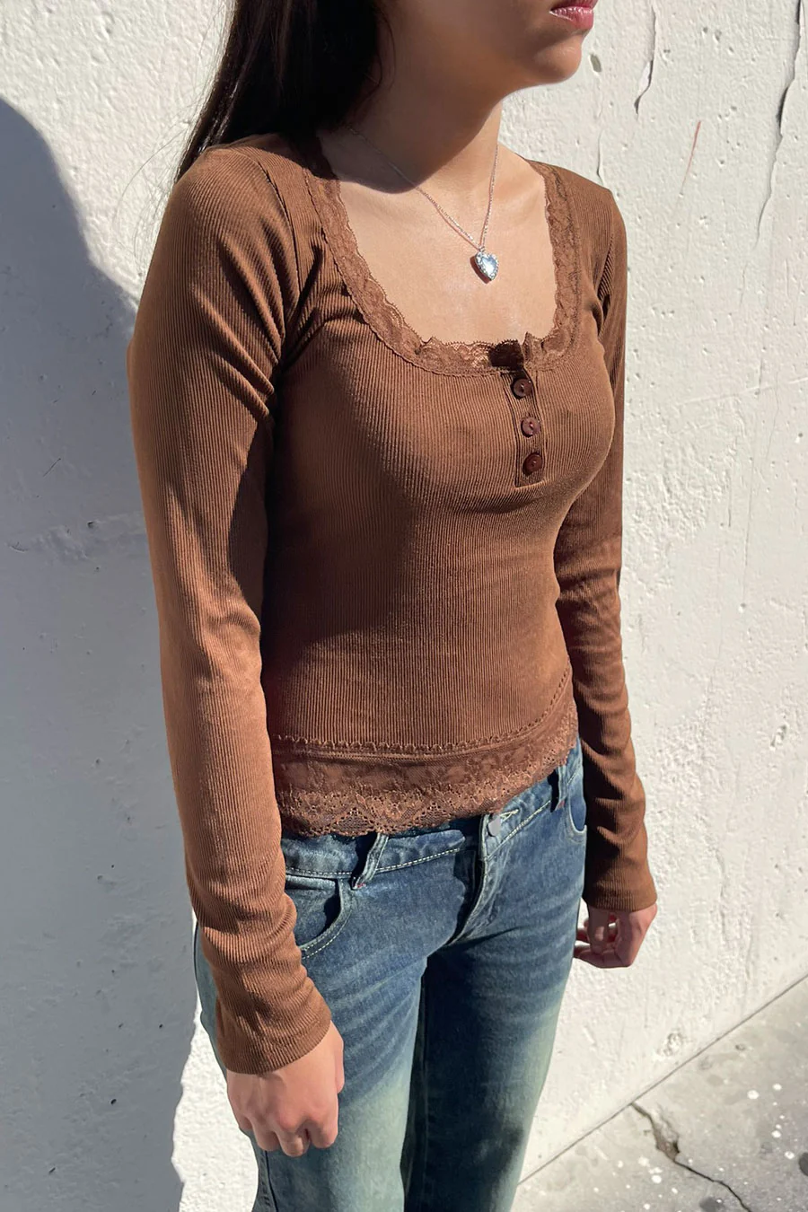 Lace Henley Neck Button Front Rib Knit Top with Lace Hem - Image 4