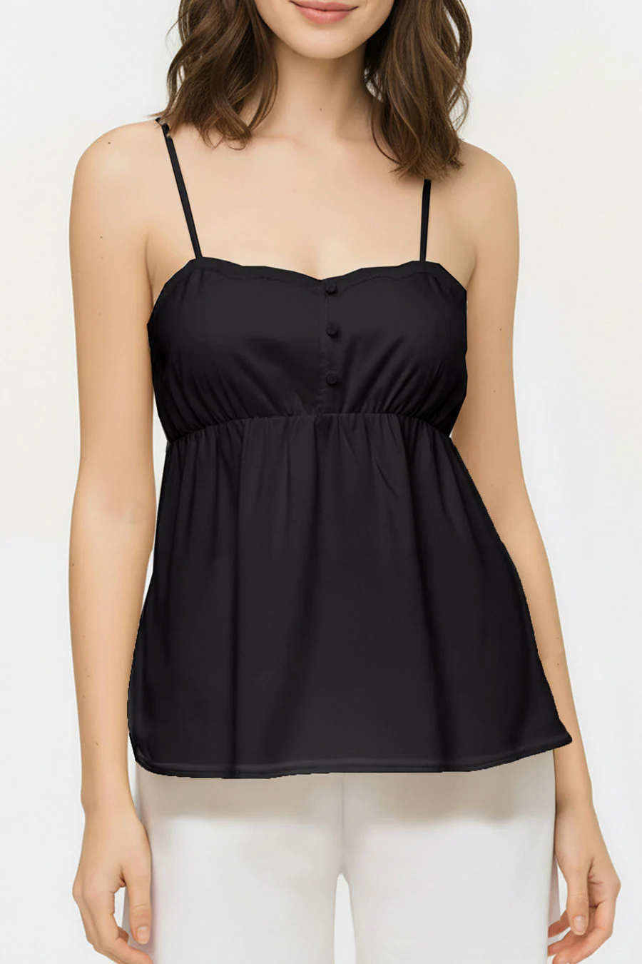 Linen-Blend Ruffled Edge Button-Decorated Cami Flowy Top - Image 16