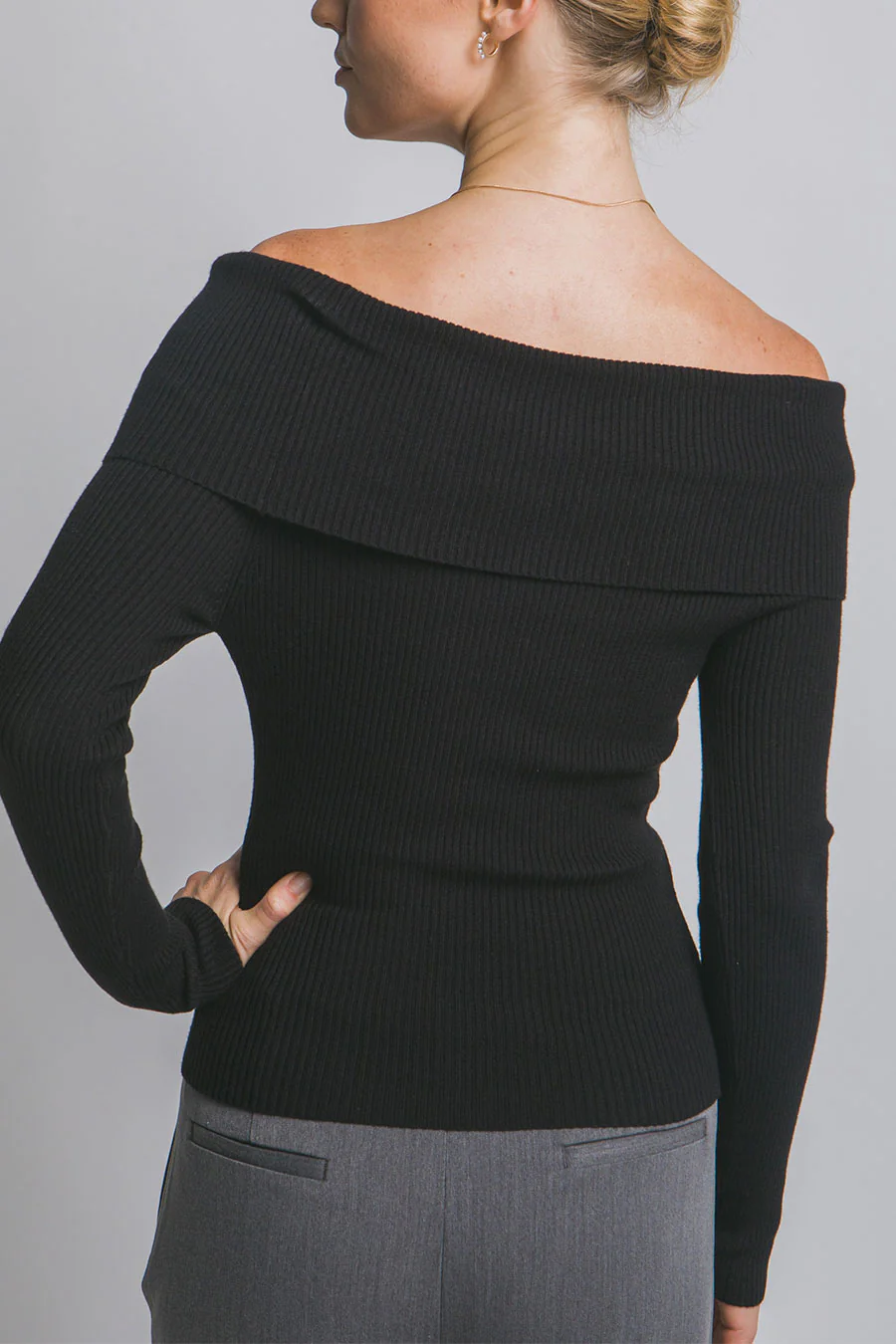 Off Shoulder Button-Down Design Ribbed Sweater Top - Image 11