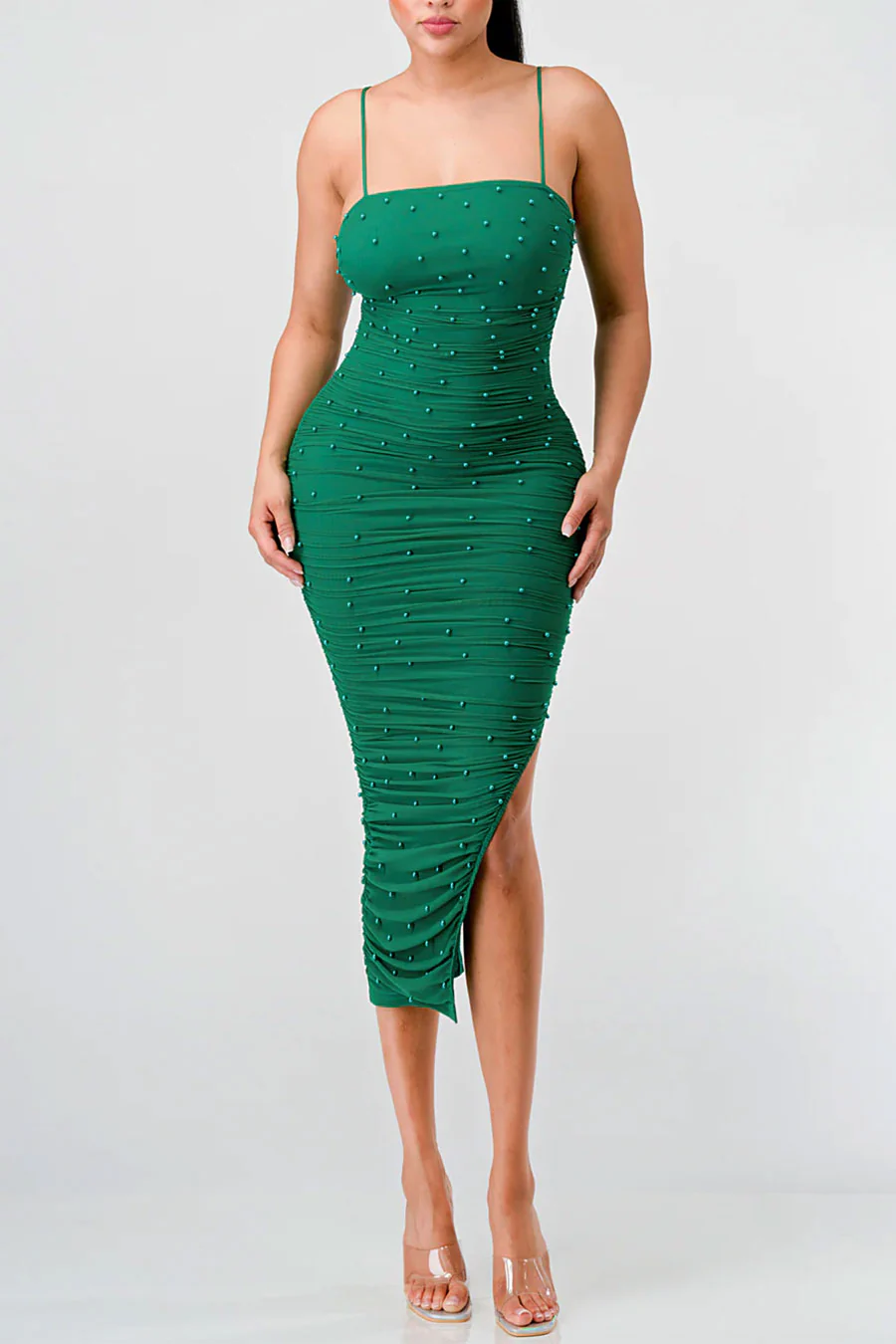 PrivyUSAâ„¢ Pearl Mesh Ruched Sleeveless Bodycon Slitted Midi Dress - Image 12