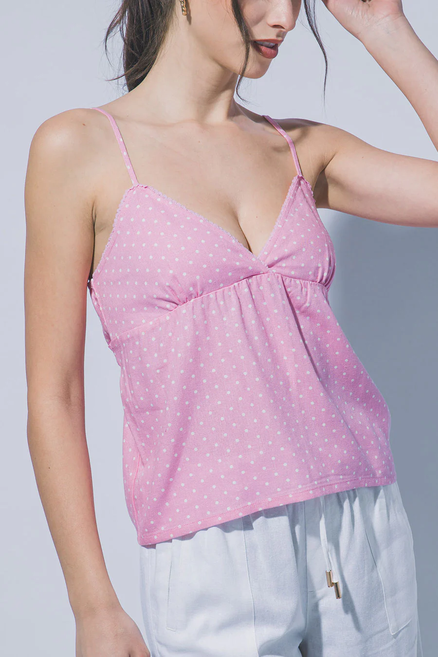 Polka Dot Print Picot Edge V-Neck Cami Tank Top with Self Back Tie - Image 4