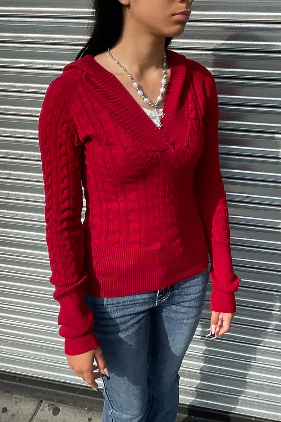 2000s Pullover Wide V-Neck Long Sleeve Cable Knit Sweater Top - Image 3