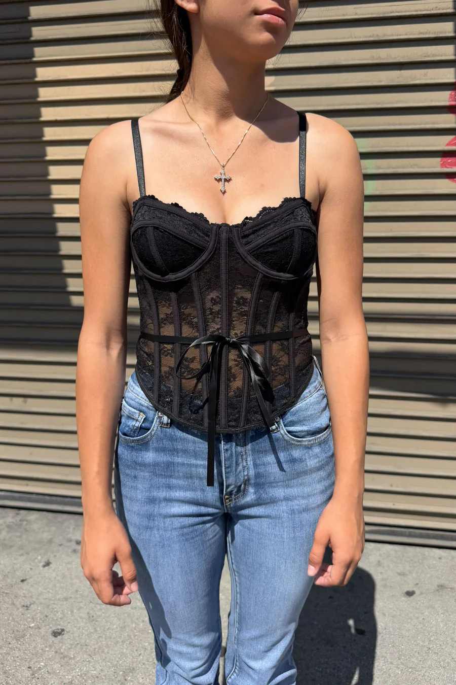 Romantic Goth Floral Lace Cami Corset Bustier Top with Waist Tie - Image 3
