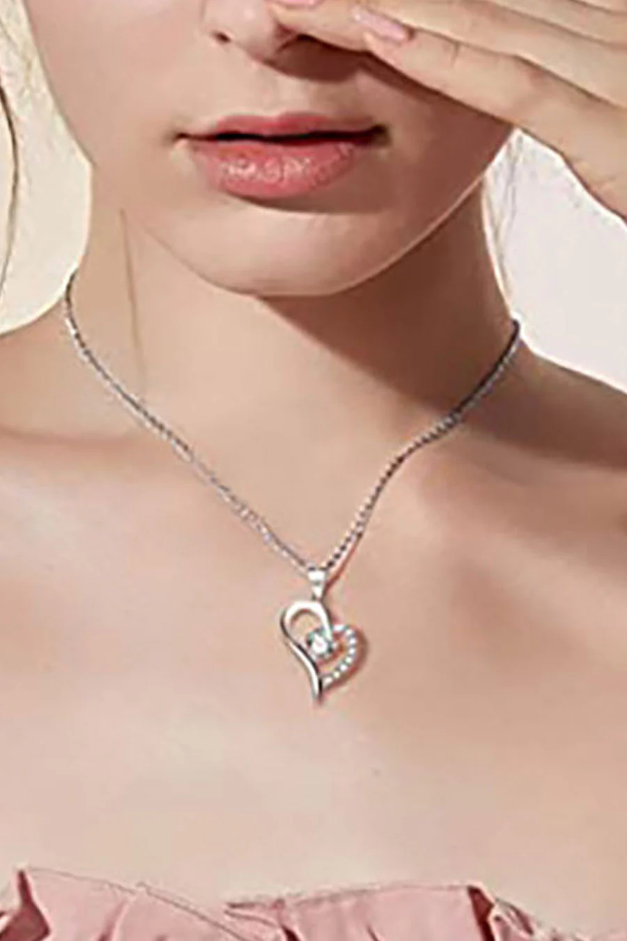 Silver Plated Irregular Heart Shaped Round Crystal Pendant Necklace - Image 2