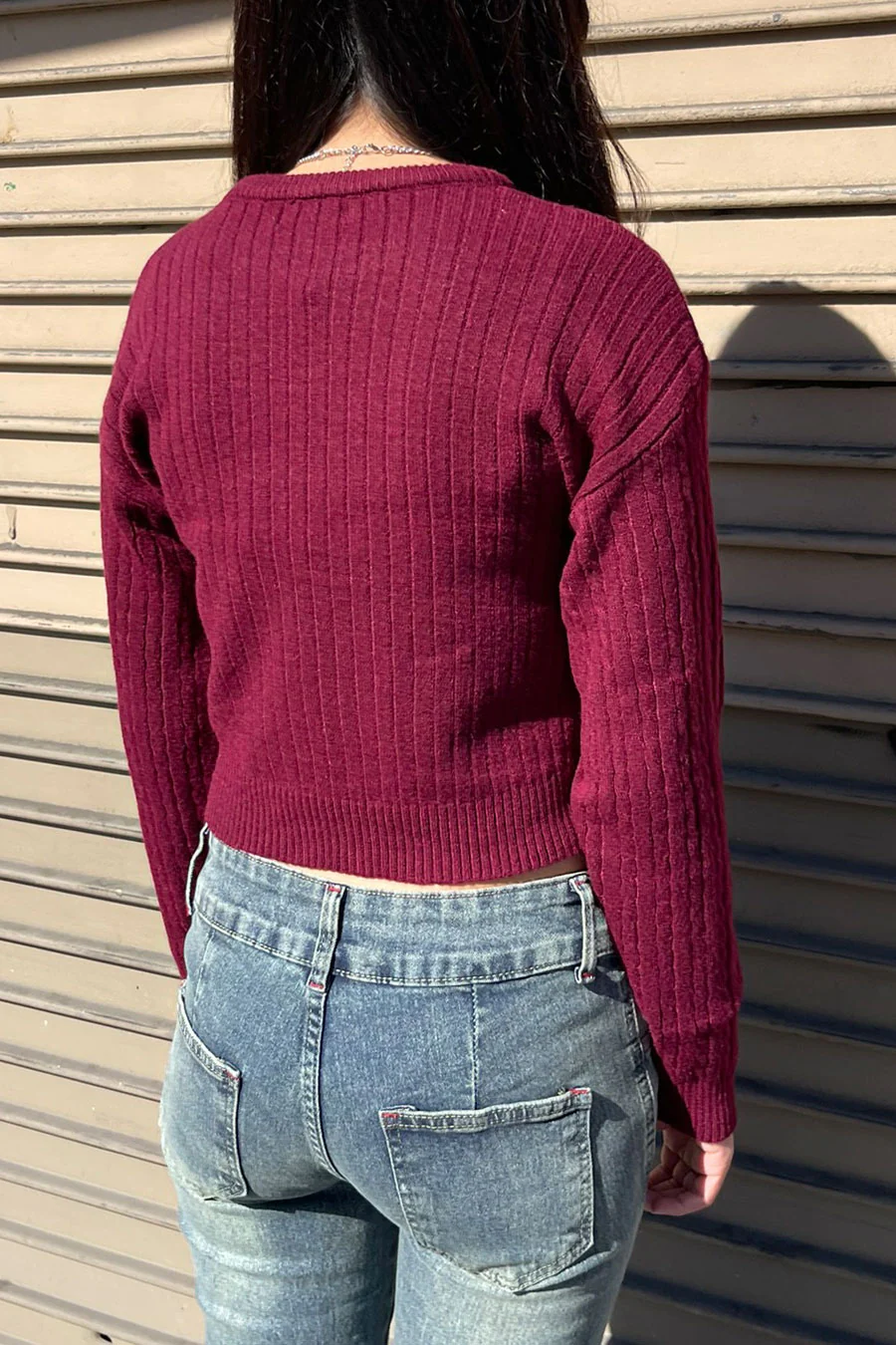Soft Feel Crew Neck Cable Knit Long Sleeve Cropped Sweater - Image 3