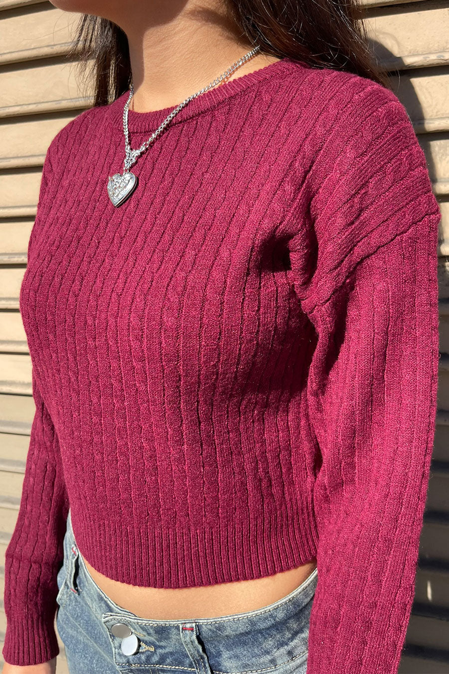 Soft Feel Crew Neck Cable Knit Long Sleeve Cropped Sweater - Image 5