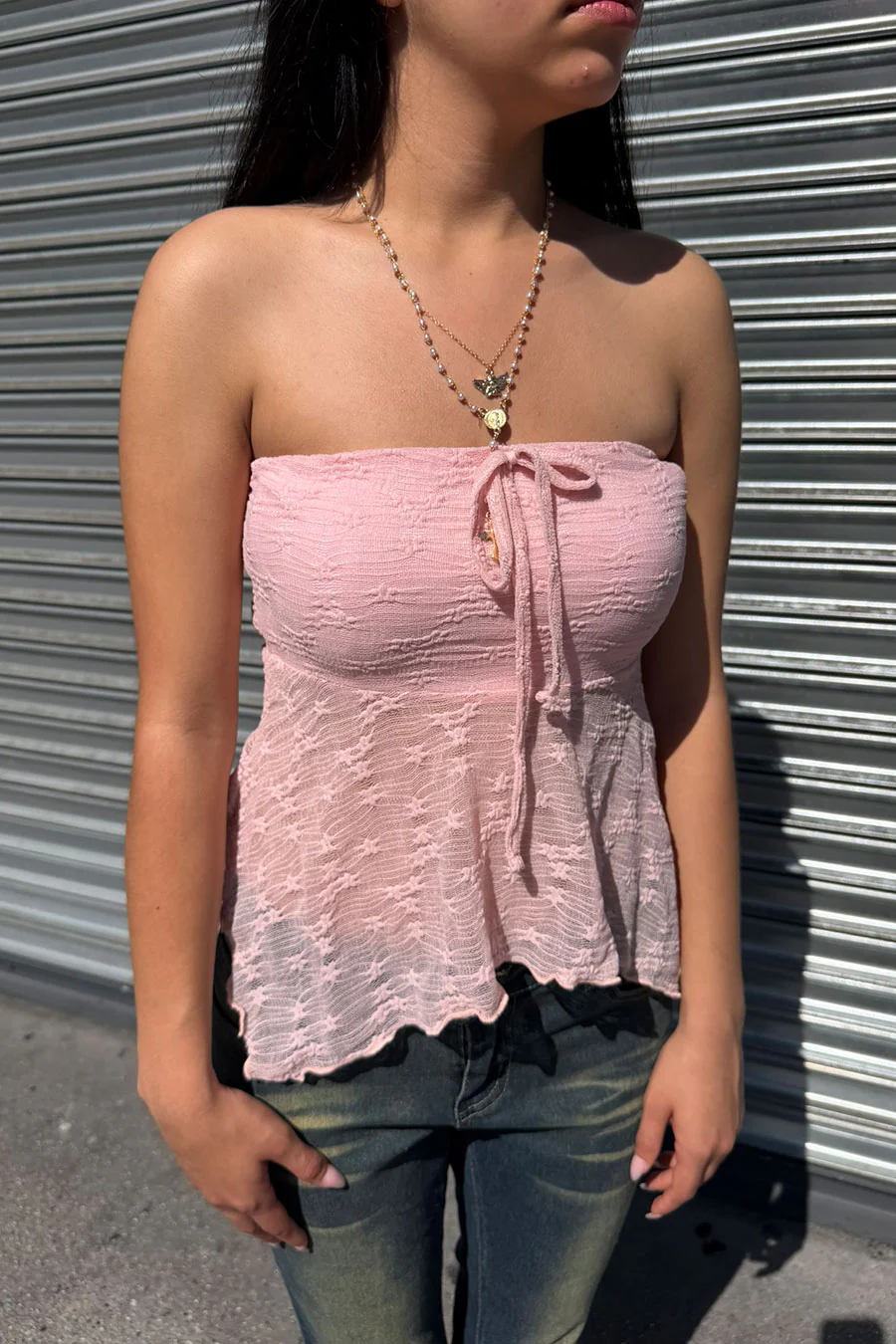 Trendy Textured Lace Strapless Tube Fly-Away Top