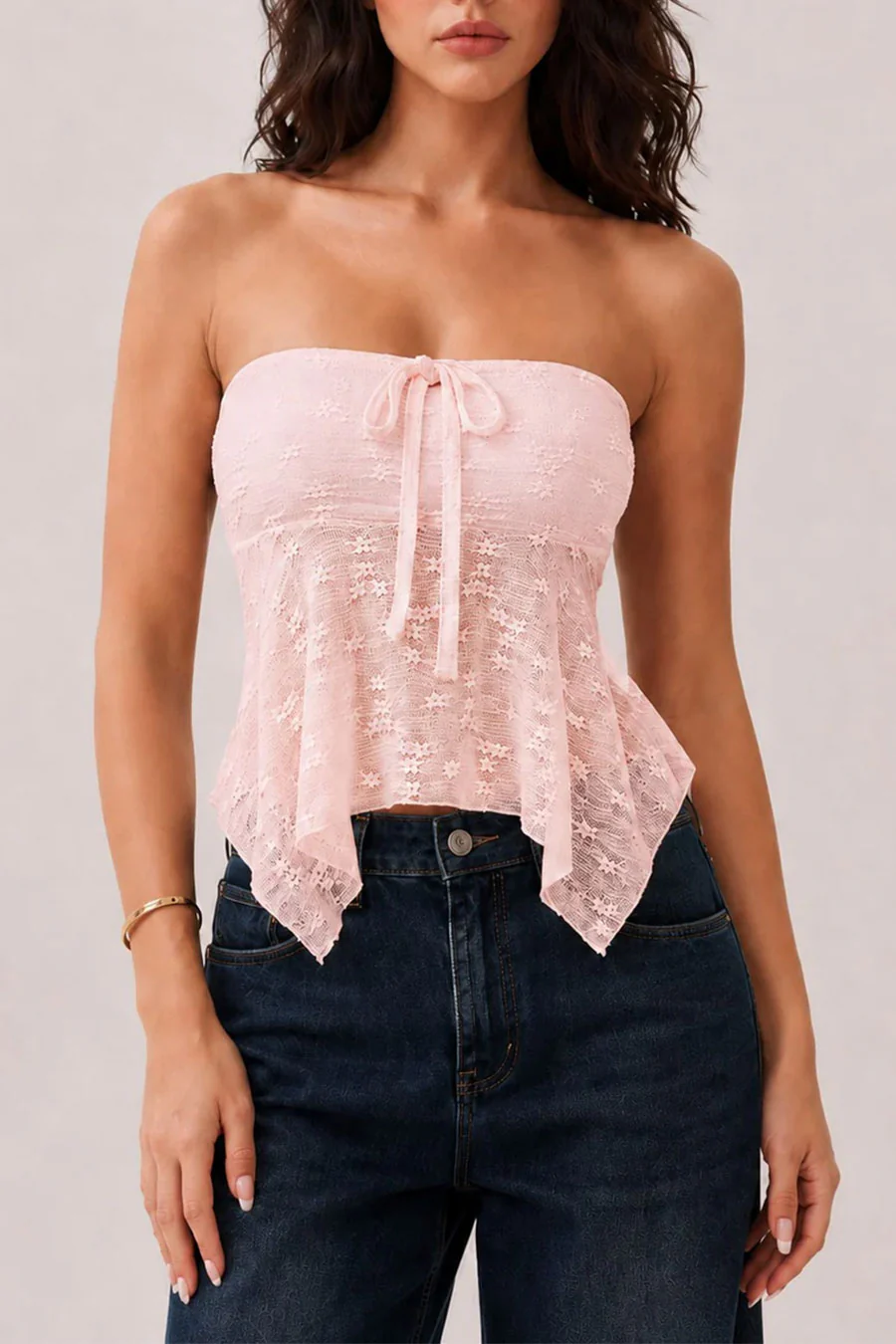 Trendy Textured Lace Strapless Tube Fly-Away Top - Image 4