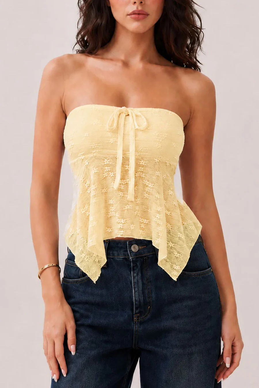 Trendy Textured Lace Strapless Tube Fly-Away Top - Image 7