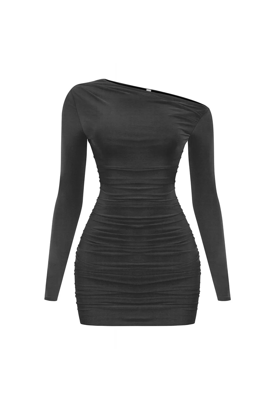 Tresser™ Long Sleeve Asymmetrical Off Shoulder Ruched Double-Layered Mini Dress