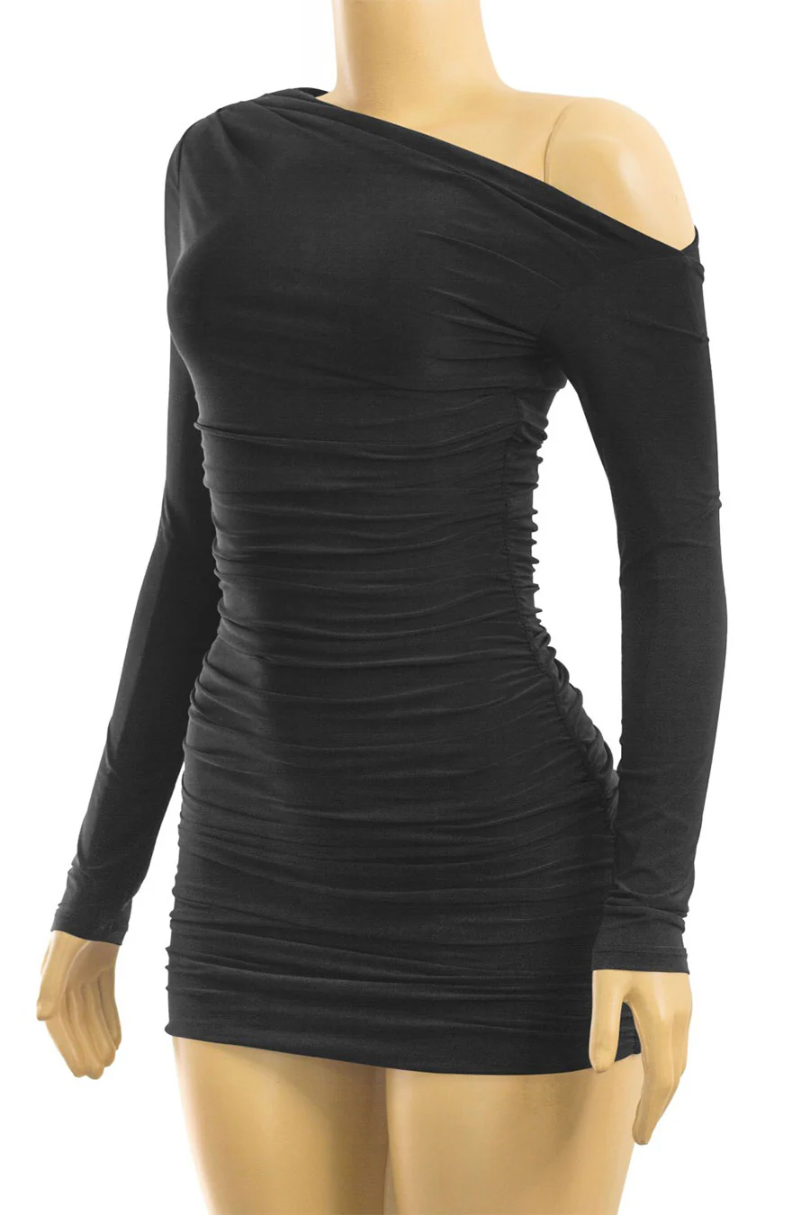 Tresser™ Long Sleeve Asymmetrical Off Shoulder Ruched Double-Layered Mini Dress - Image 2