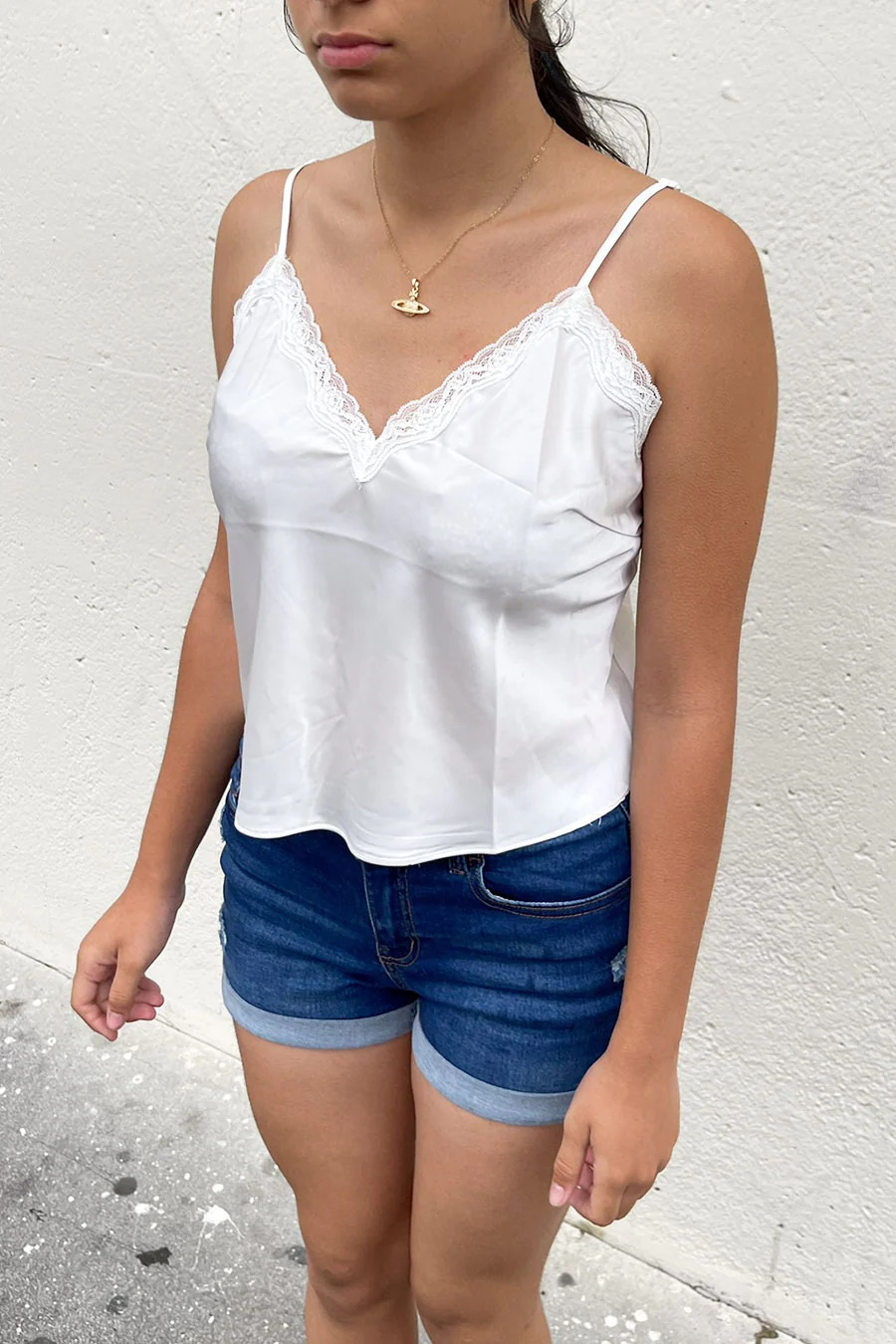 Vintage Style Stretchy Satin Cami Top with Lace Front